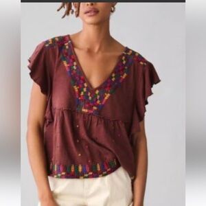 Bohemian Embroidered V-Neck Blouse - Burgundy